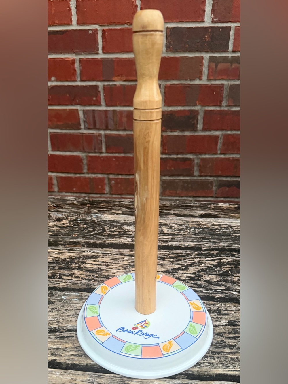 Vintage Beau Rivage Casino Paper Towel Holder w/ Ceramic Base & Wooden Spindle